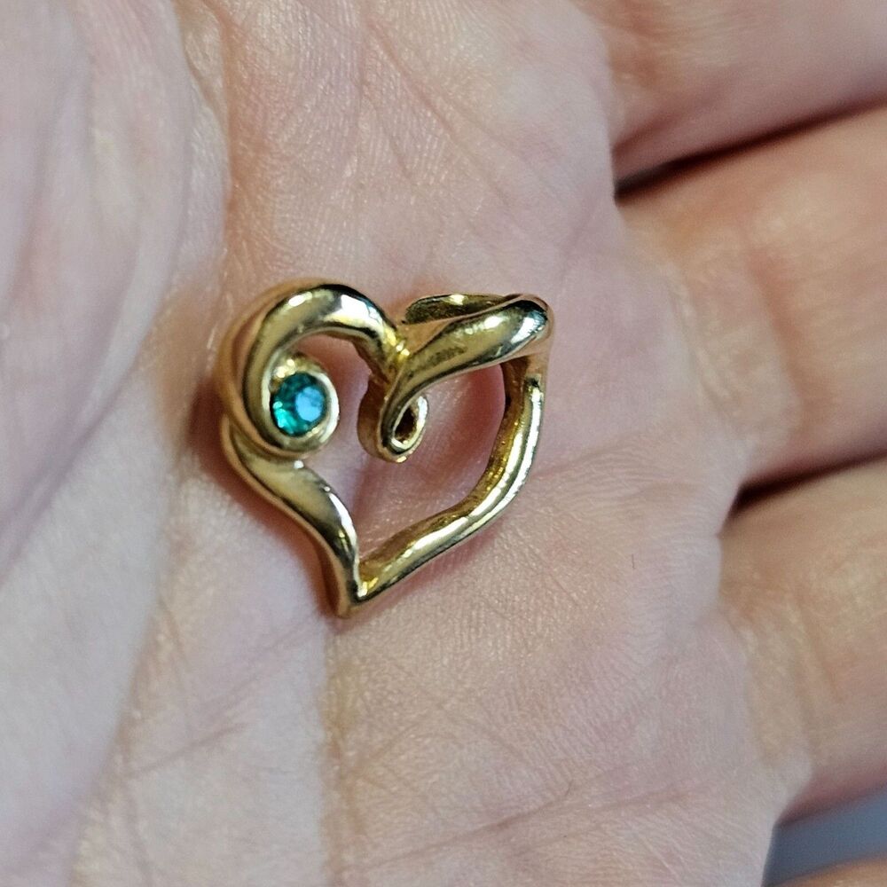 Gold Tone Open Heart Blue Rhinestone Pendant